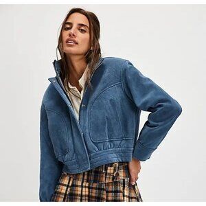 Free People Wes Suede Bomber Womens L Boho Indie Grunge Sherpa Cozy Moto Y2K